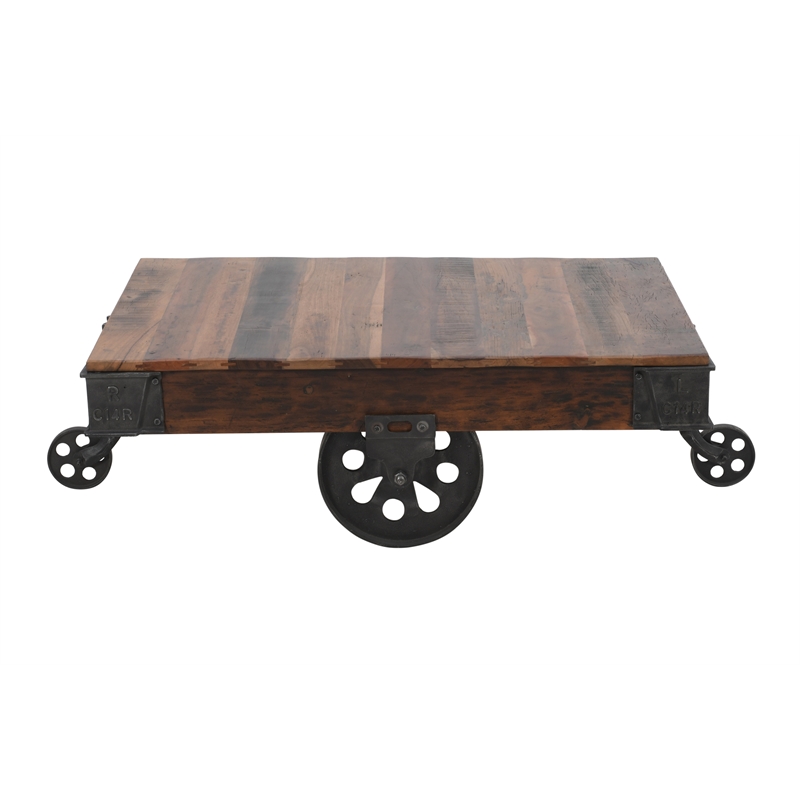 Pemberly Row Metal And Wood Cart Coffee/Cocktail Table in Brown with Wheels