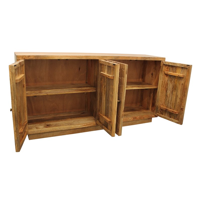 Pemberly Row 4 Hand Carved Doors Mid-Century Solid Wood Sideboard in Natural