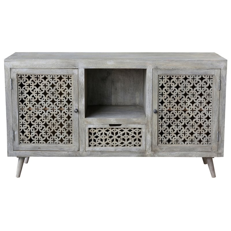 Pemberly Row Solid Wood 2 Door 1 Drawer Hand-Carved Media Console in Natural