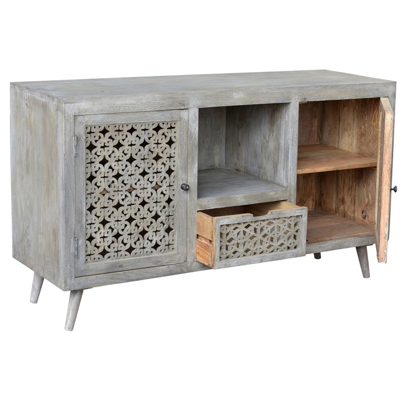 Pemberly Row Solid Wood 2 Door 1 Drawer Hand-Carved Media Console in Natural