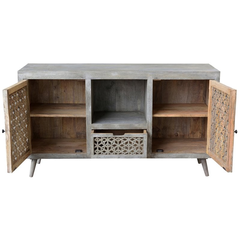 Pemberly Row Solid Wood 2 Door 1 Drawer Hand-Carved Media Console in Natural