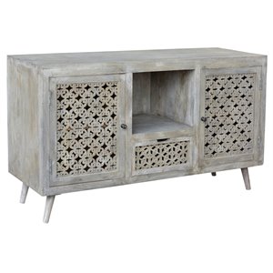 Pemberly Row Solid Wood 2 Door 1 Drawer Hand-Carved Media Console in Natural