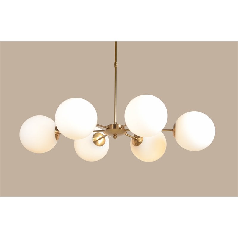 Pemberly Row 6-Light Pendant Fixture in Brass Colored Iron with White Shades