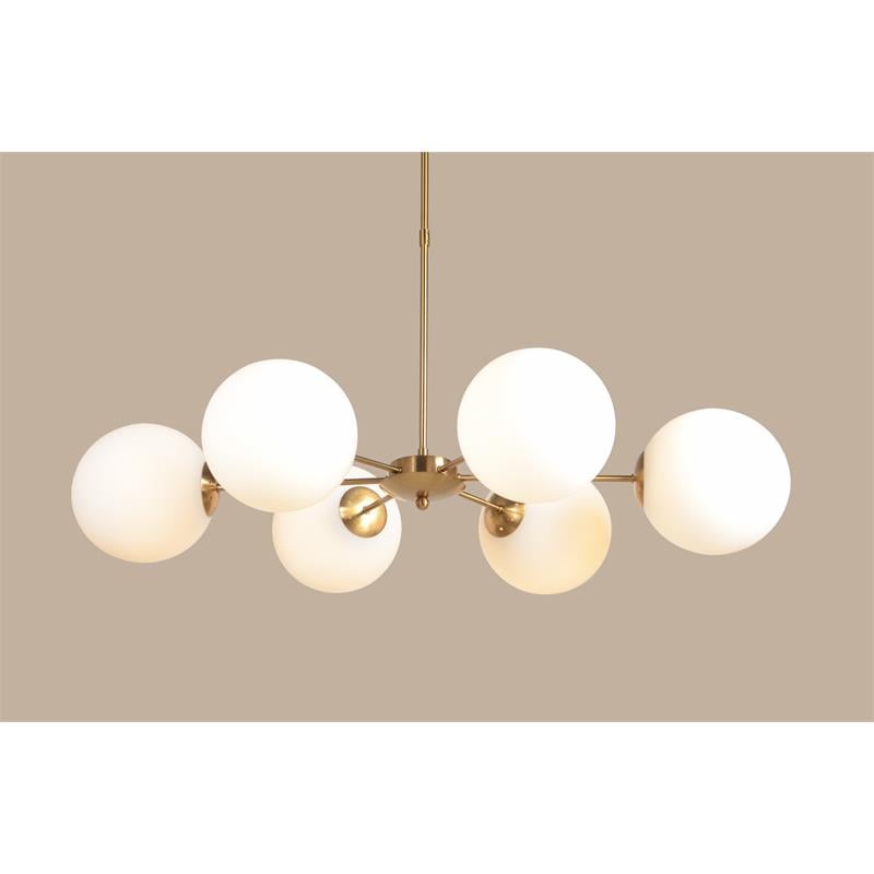 Pemberly Row 6-Light Pendant Fixture in Brass Colored Iron with White Shades