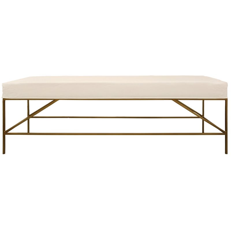 Pemberly Row Bench Upholstered in Ivory Linen Fabric on a Brass Cast Iron Base