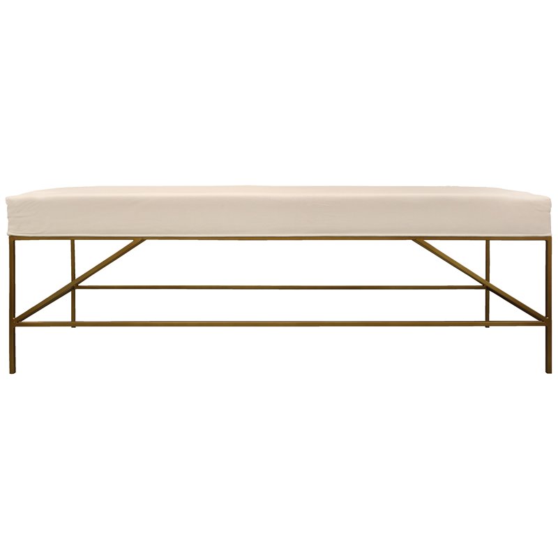 Pemberly Row Bench Upholstered in Ivory Linen Fabric on a Brass Cast Iron Base