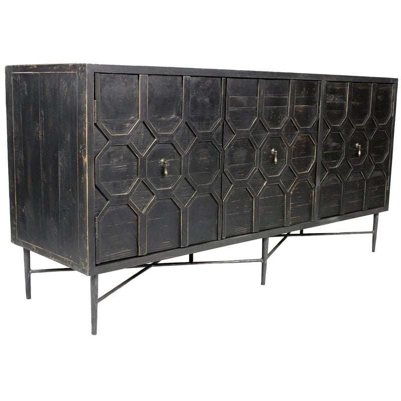 Pemberly Row 3 Door Sideboard in Reclaimed Pine Wood on Cast Iron Base in Brown