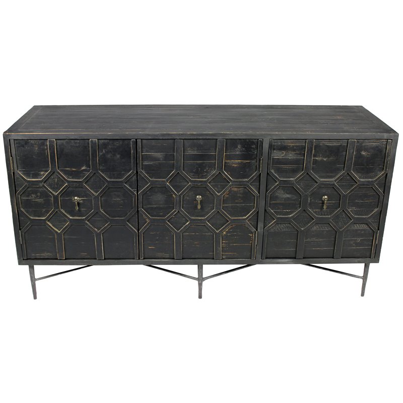 Pemberly Row 3 Door Sideboard in Reclaimed Pine Wood on Cast Iron Base in Brown
