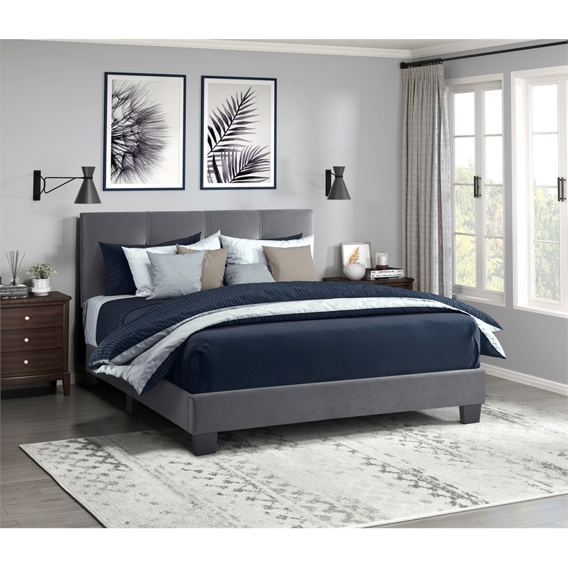 Pemberly Row Modern Wood Frame Velvet Full Platform Bed in Dark gray