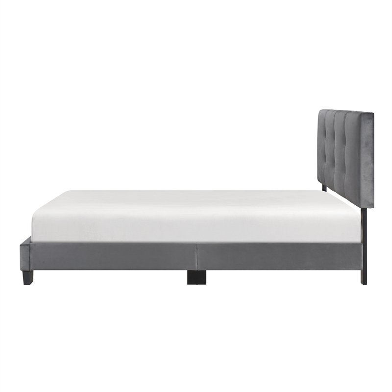 Pemberly Row Modern Wood Frame Velvet Full Platform Bed in Dark gray