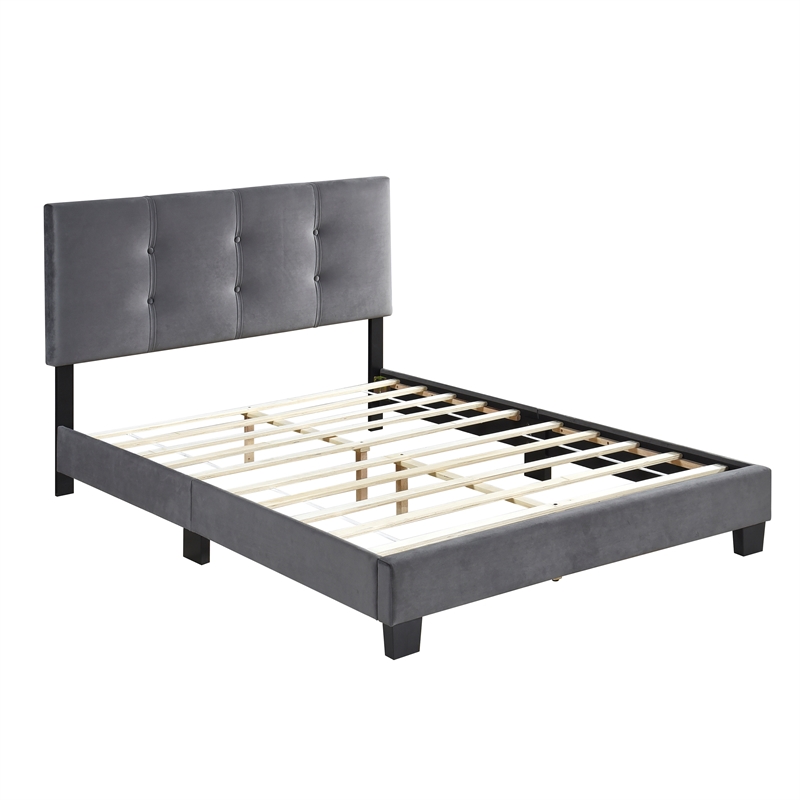 Pemberly Row Modern Wood Frame Velvet Full Platform Bed in Dark gray