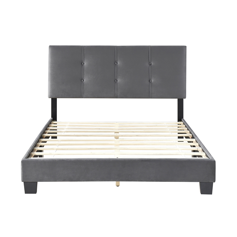Pemberly Row Modern Wood Frame Velvet Full Platform Bed in Dark gray