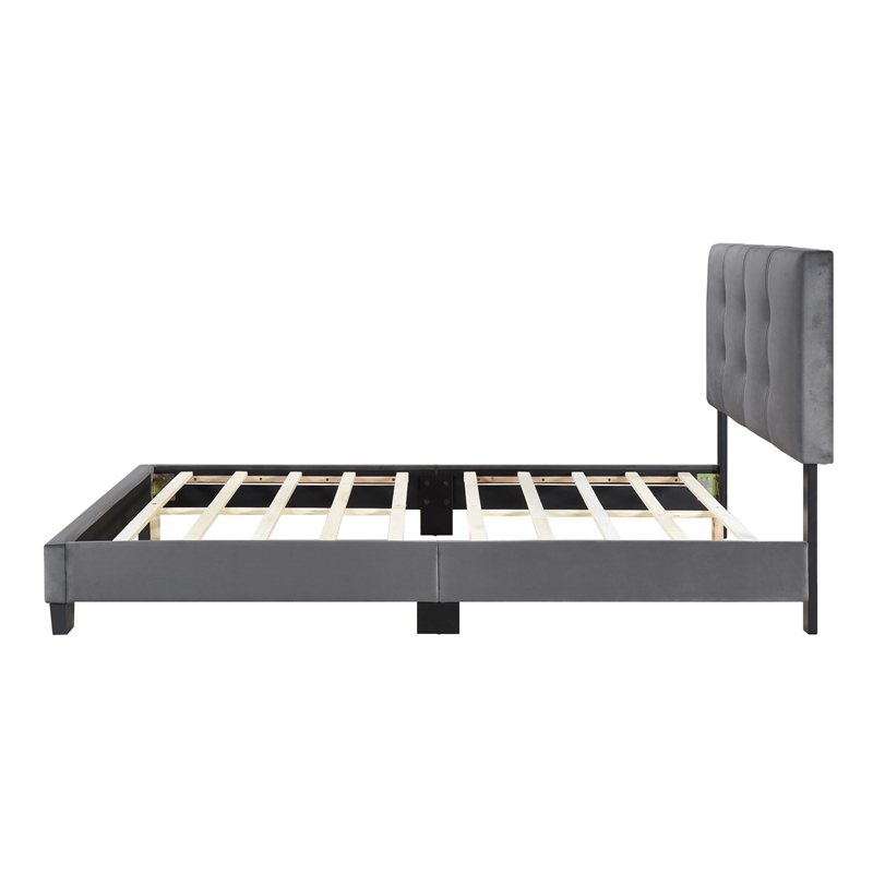 Pemberly Row Modern Wood Frame Velvet Full Platform Bed in Dark gray