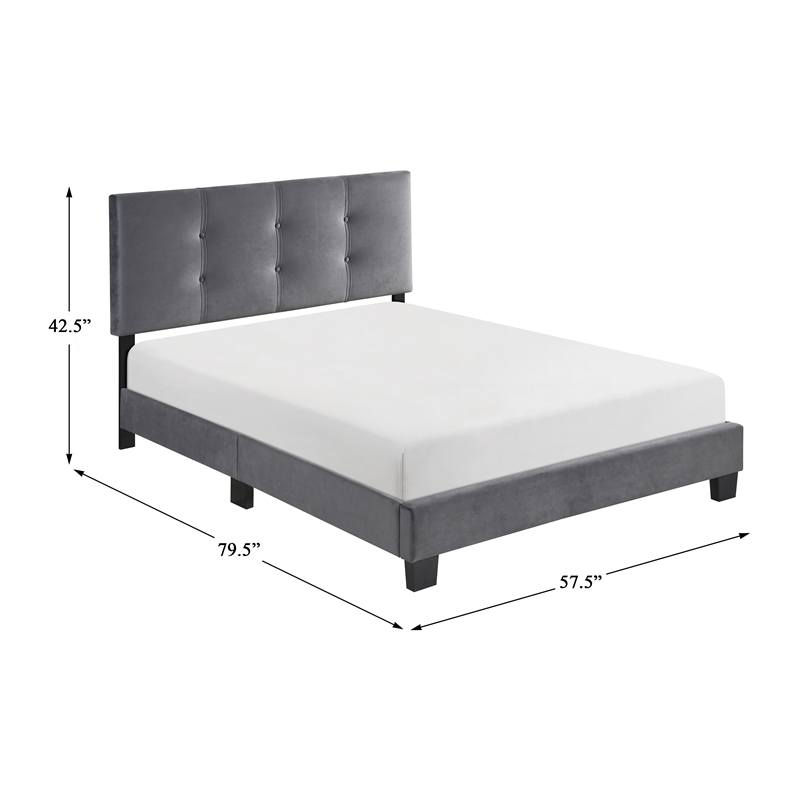 Pemberly Row Modern Wood Frame Velvet Full Platform Bed in Dark gray