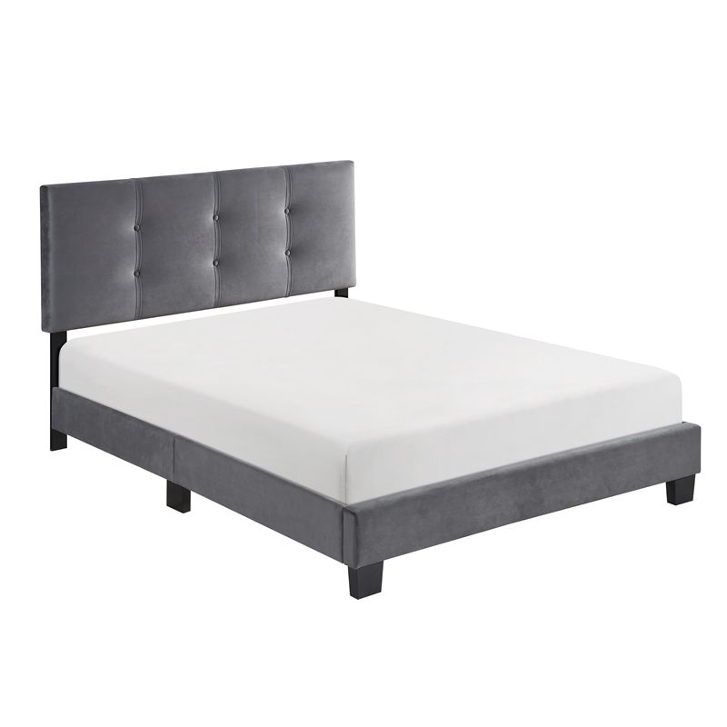 Pemberly Row Modern Wood Frame Velvet Full Platform Bed in Dark gray