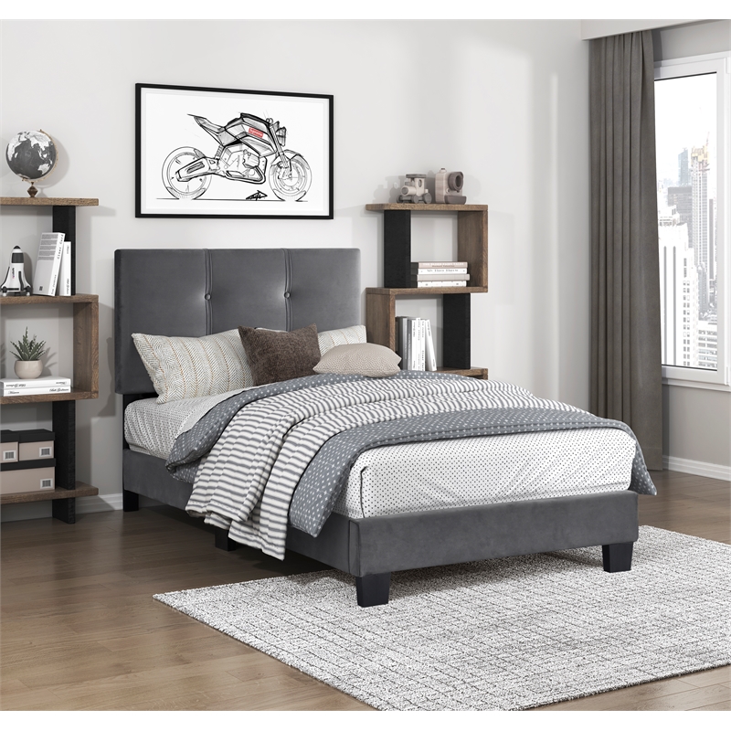 Pemberly Row Modern Wood Frame Velvet Twin Platform Bed in Dark gray
