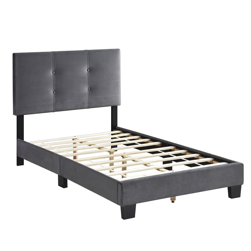 Pemberly Row Modern Wood Frame Velvet Twin Platform Bed in Dark gray