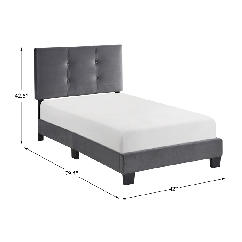 Pemberly Row Modern Wood Frame Velvet Twin Platform Bed in Dark gray