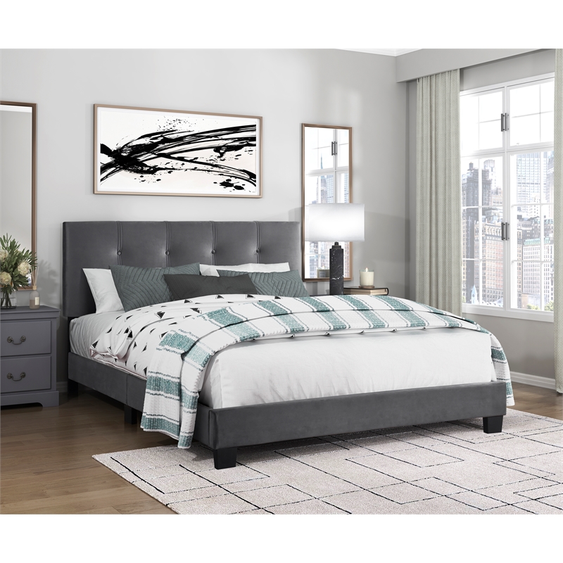 Pemberly Row Modern Wood Frame Velvet Queen Platform Bed in Dark gray