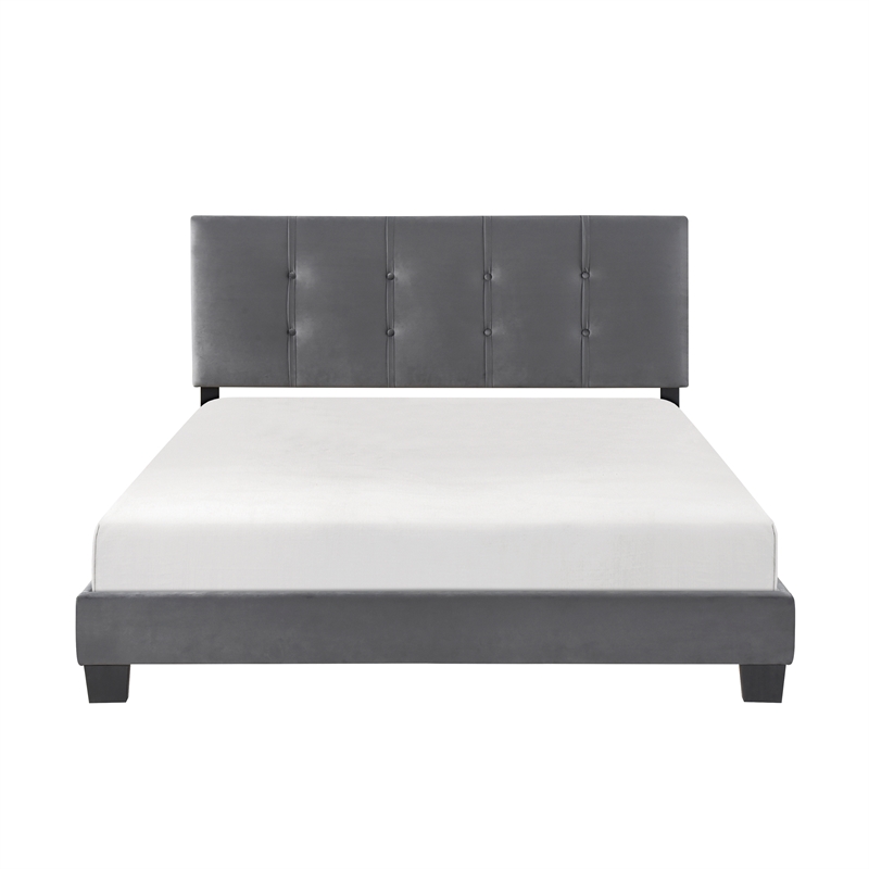 Pemberly Row Modern Wood Frame Velvet Queen Platform Bed in Dark gray