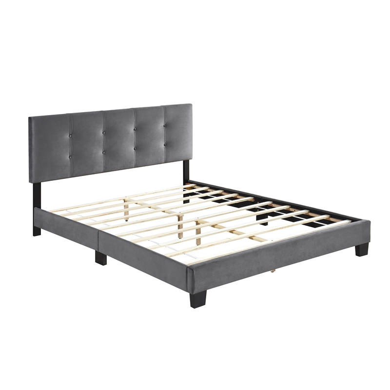 Pemberly Row Modern Wood Frame Velvet Queen Platform Bed in Dark gray