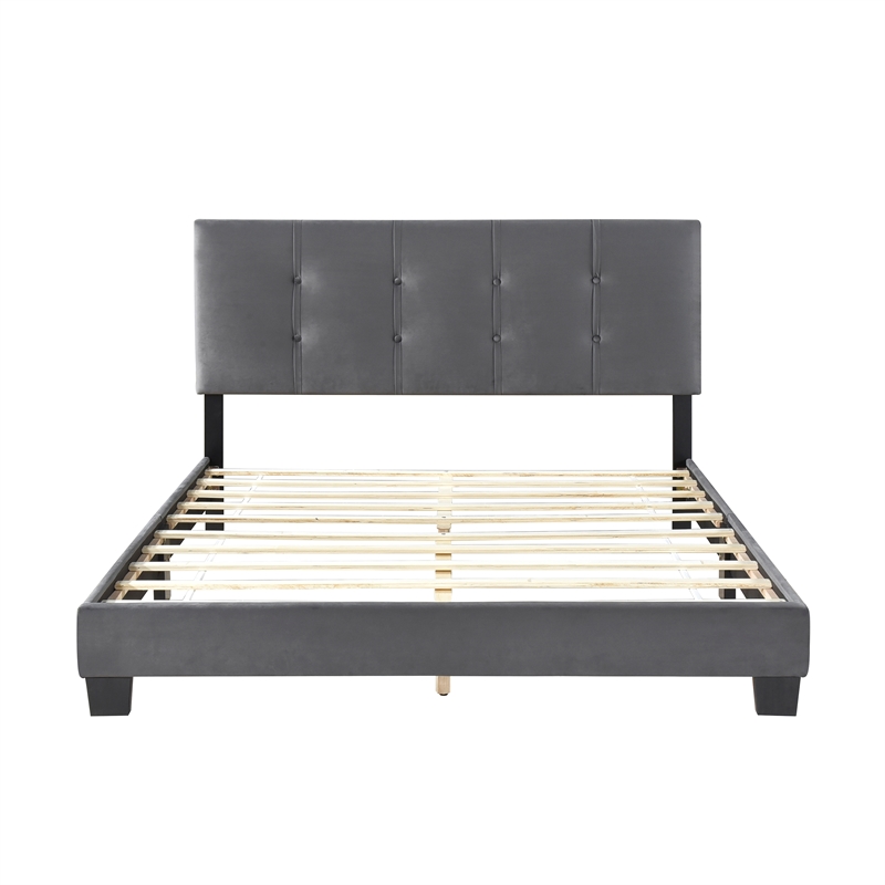 Pemberly Row Modern Wood Frame Velvet Queen Platform Bed in Dark gray