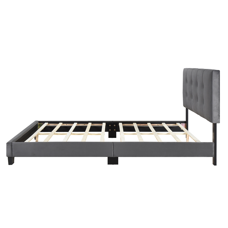 Pemberly Row Modern Wood Frame Velvet Queen Platform Bed in Dark gray