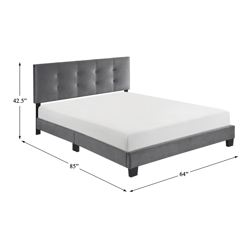 Pemberly Row Modern Wood Frame Velvet Queen Platform Bed in Dark gray