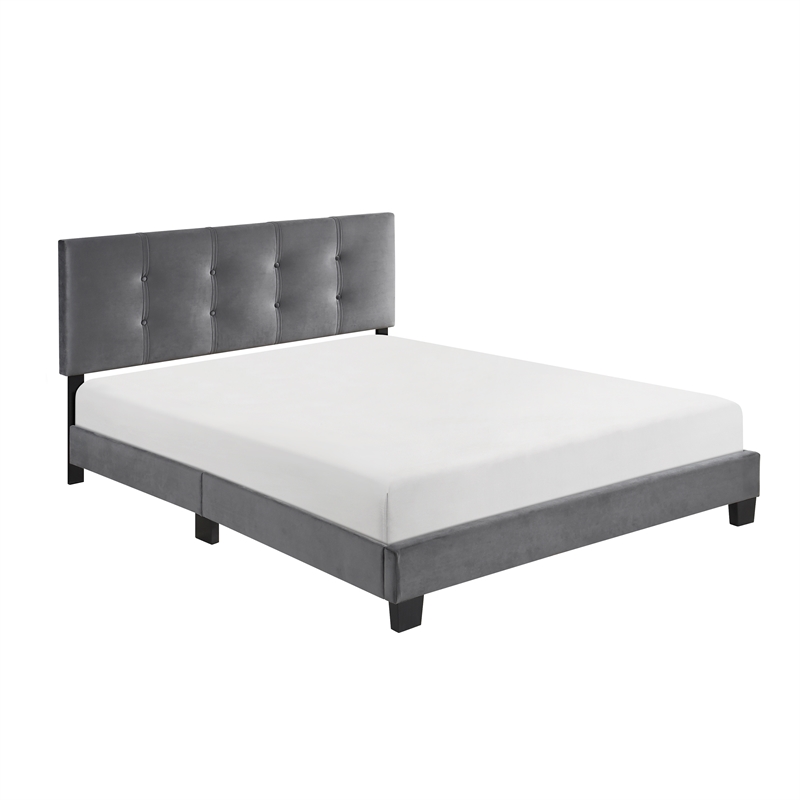Pemberly Row Modern Wood Frame Velvet Queen Platform Bed in Dark gray