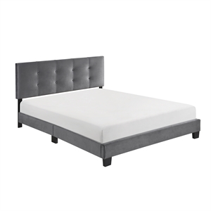 Pemberly Row Modern Wood Frame Velvet Queen Platform Bed in Dark gray
