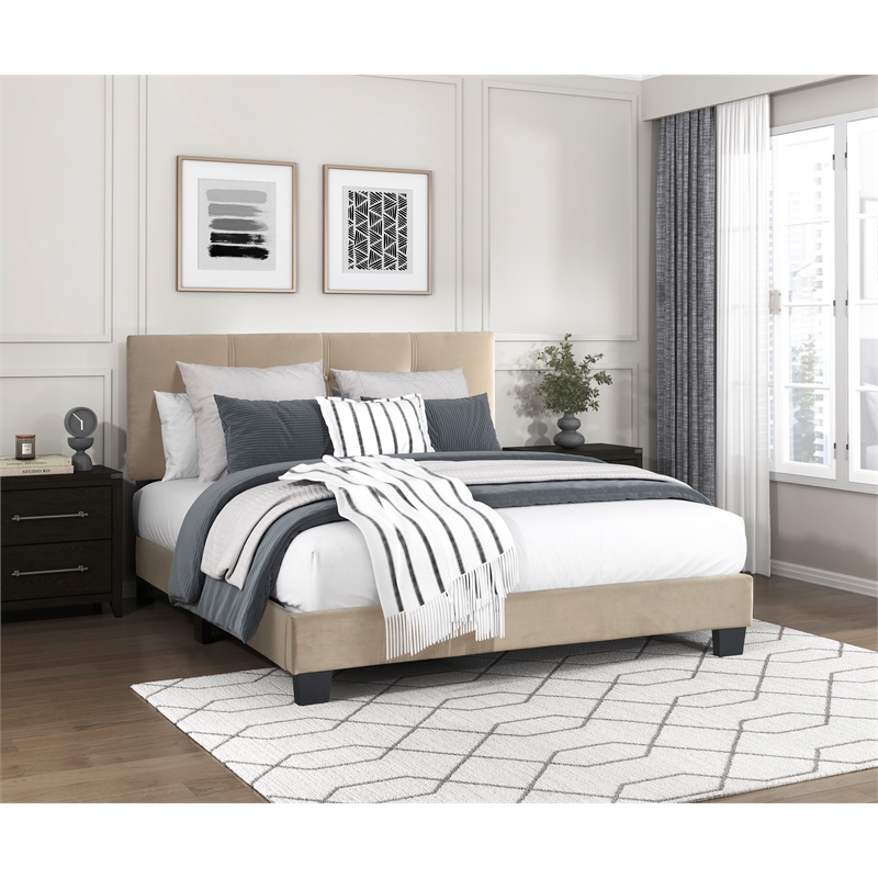 Pemberly Row Modern Wood Frame Velvet Full Platform Bed in Light brown