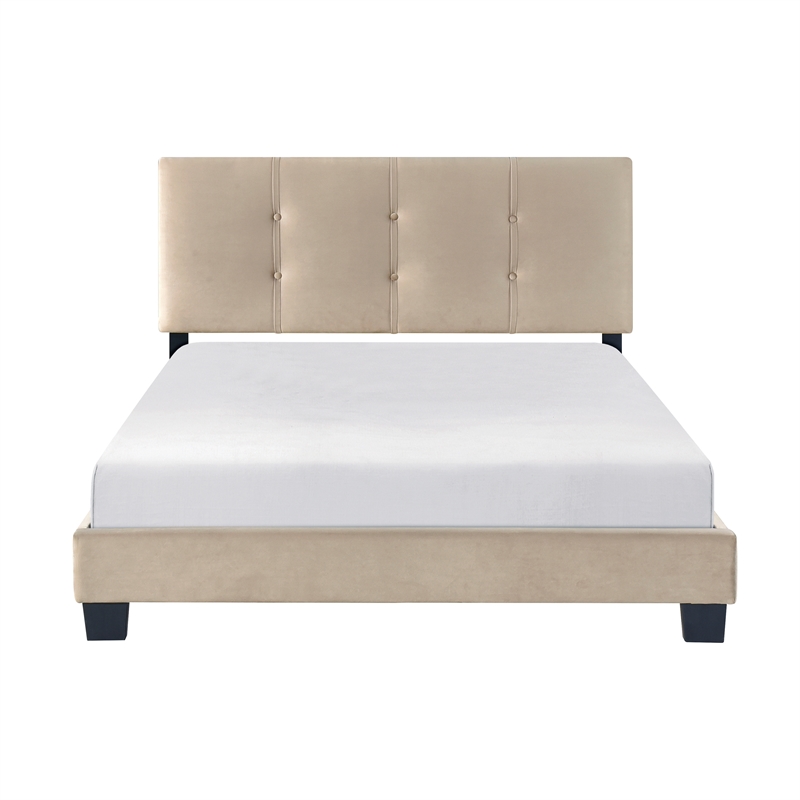 Pemberly Row Modern Wood Frame Velvet Full Platform Bed in Light brown