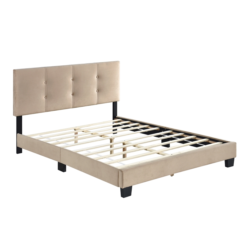 Pemberly Row Modern Wood Frame Velvet Full Platform Bed in Light brown