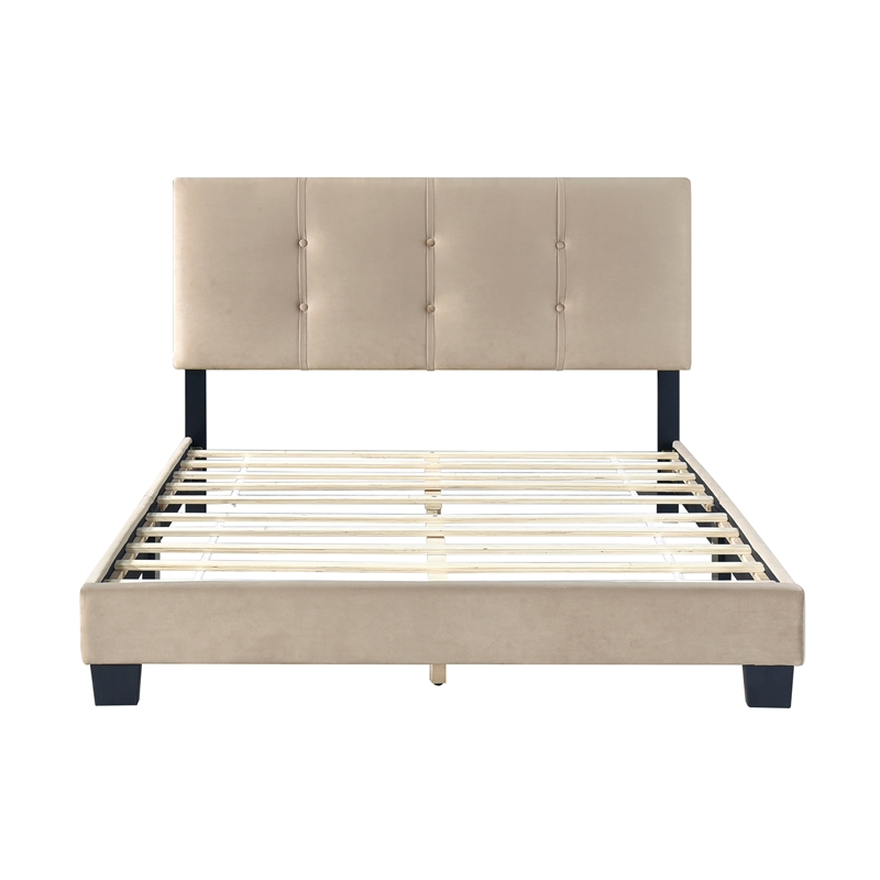 Pemberly Row Modern Wood Frame Velvet Full Platform Bed in Light brown