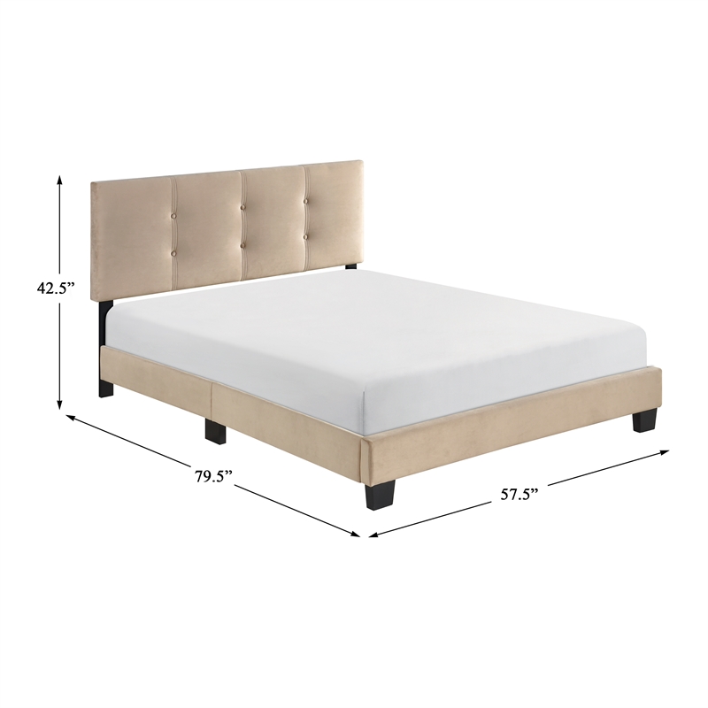 Pemberly Row Modern Wood Frame Velvet Full Platform Bed in Light brown