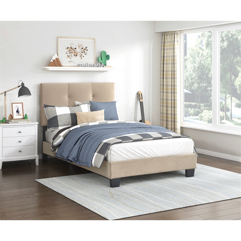 Pemberly Row Modern Wood Frame Velvet Twin Platform Bed in Light brown