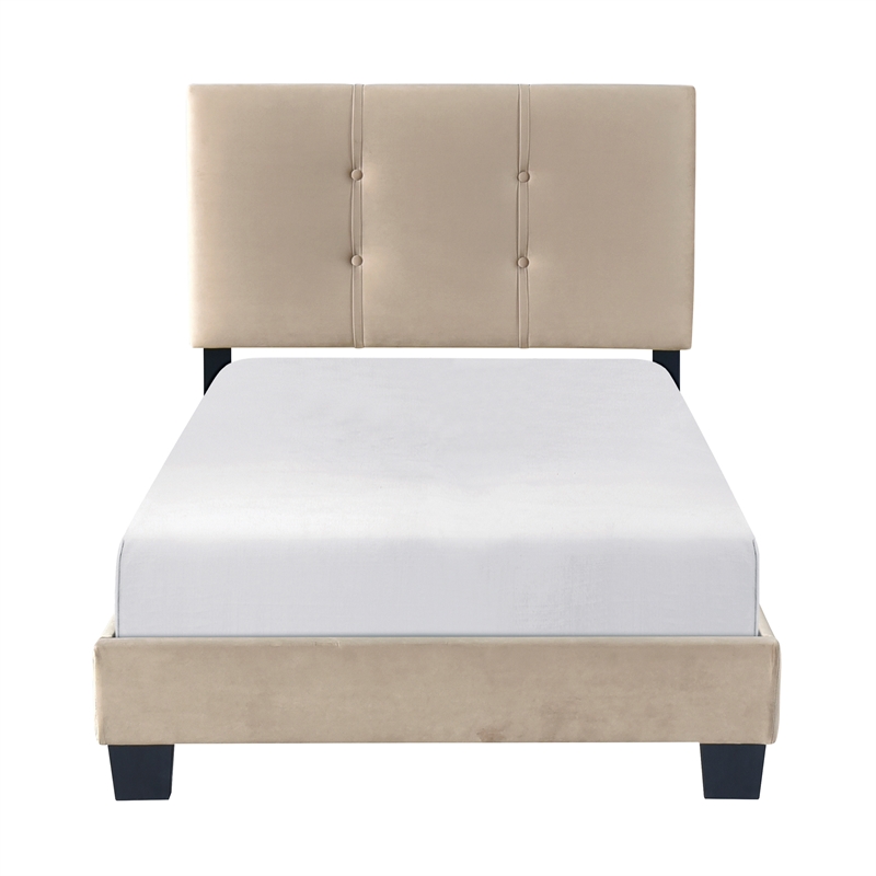 Pemberly Row Modern Wood Frame Velvet Twin Platform Bed in Light brown