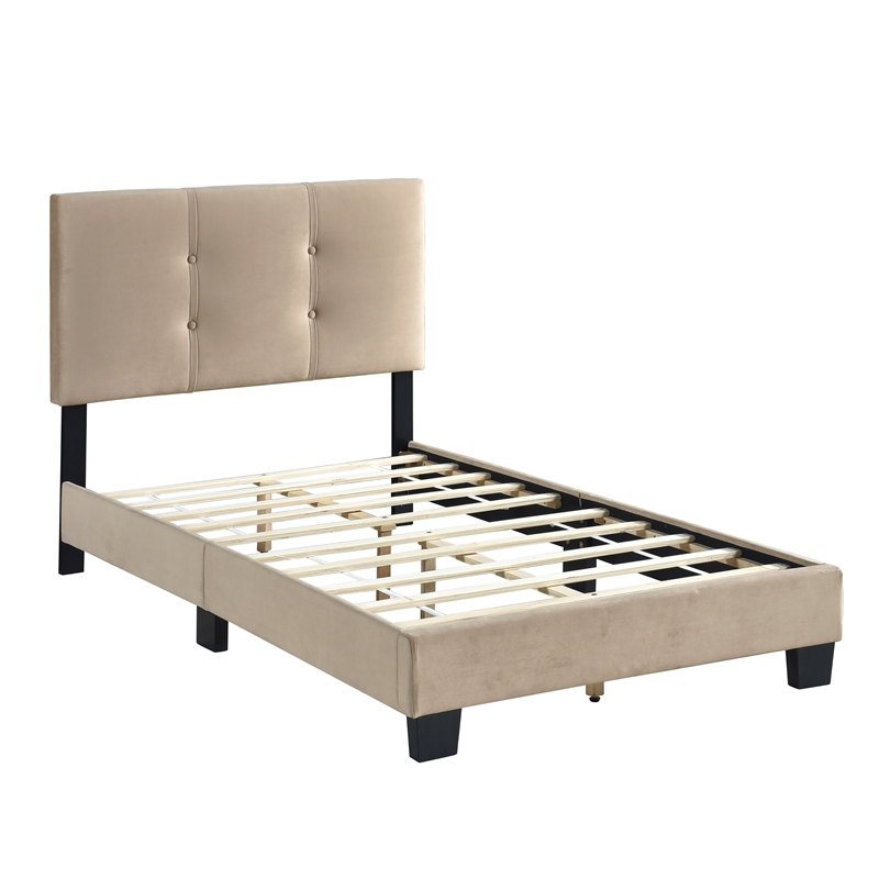 Pemberly Row Modern Wood Frame Velvet Twin Platform Bed in Light brown
