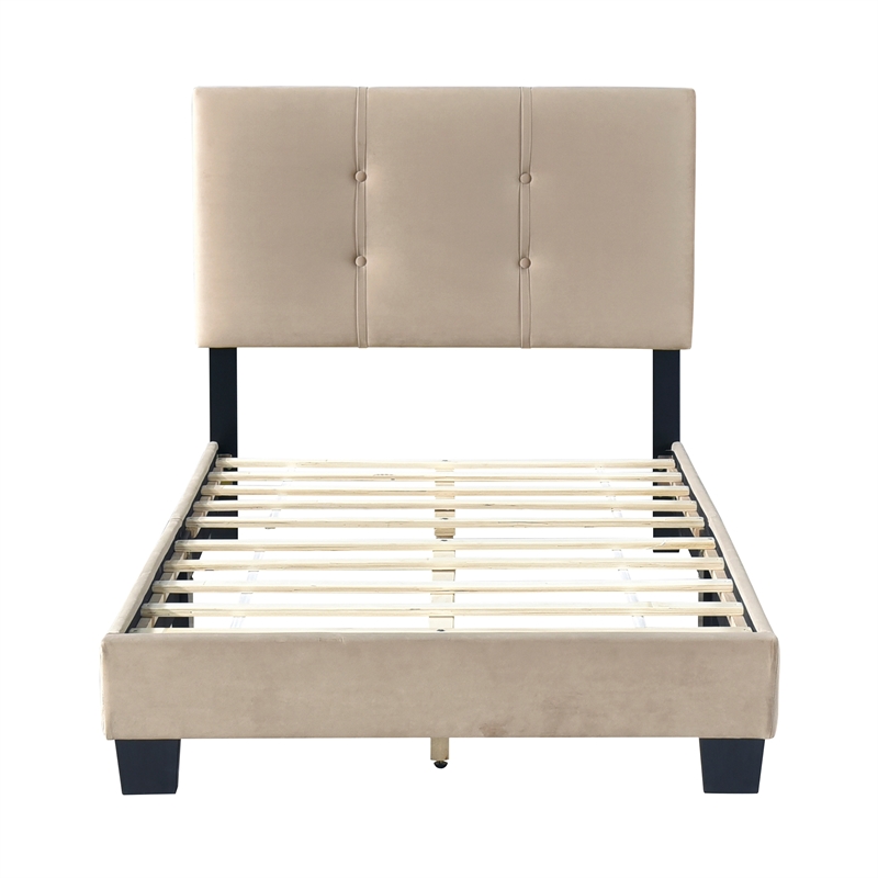 Pemberly Row Modern Wood Frame Velvet Twin Platform Bed in Light brown