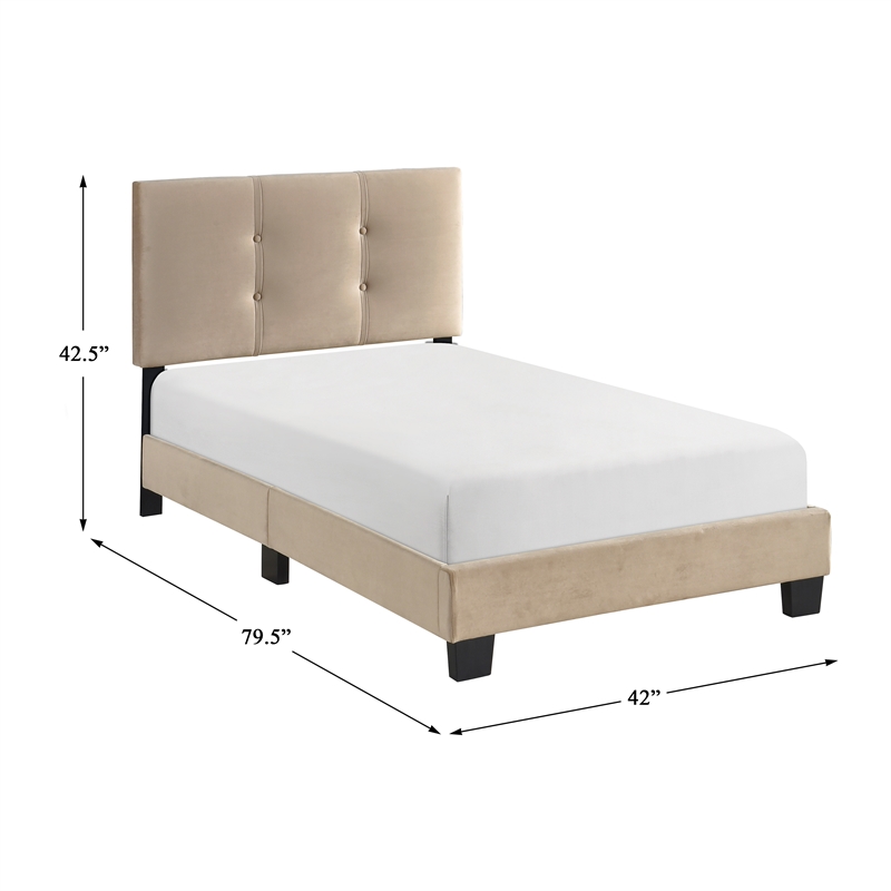 Pemberly Row Modern Wood Frame Velvet Twin Platform Bed in Light brown