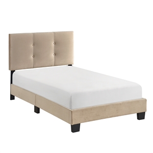 Pemberly Row Modern Wood Frame Velvet Twin Platform Bed in Light brown