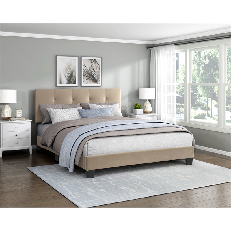 Pemberly Row Modern Wood Frame Velvet Queen Platform Bed in Light brown