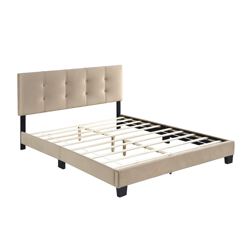 Pemberly Row Modern Wood Frame Velvet Queen Platform Bed in Light brown