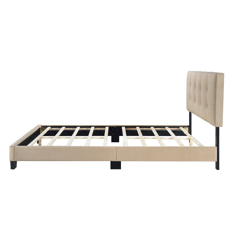 Pemberly Row Modern Wood Frame Velvet Queen Platform Bed in Light brown