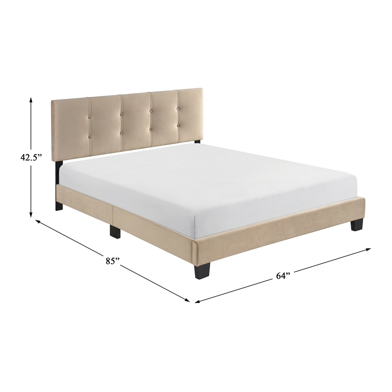 Pemberly Row Modern Wood Frame Velvet Queen Platform Bed in Light brown