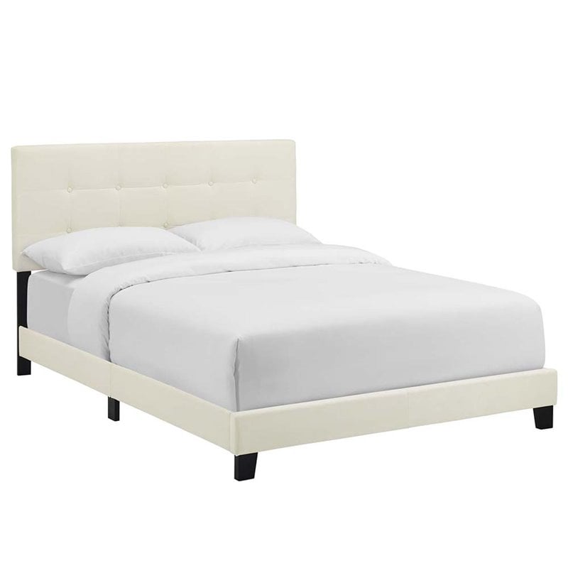 Pemberly Row Full Modern Style Performance Velvet Bed in Ivory