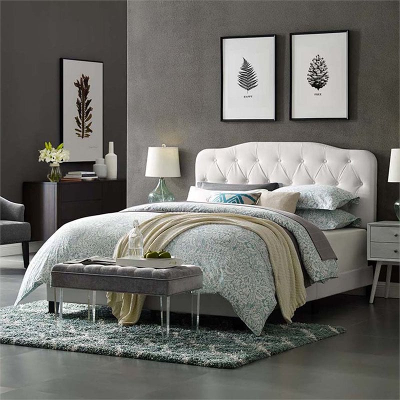 Pemberly Row King Modern Style Faux Leather Bed in White Finish