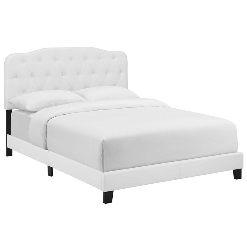 Pemberly Row King Modern Style Faux Leather Bed in White Finish