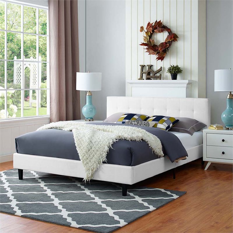 Pemberly Row Full Modern Polyester Fabric and Wood Bed in White