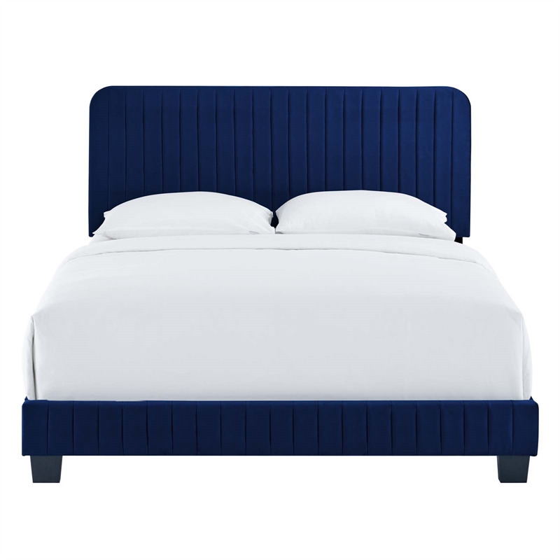 Pemberly Row Channel Tufted Performance Velvet Twin Bed in Navy